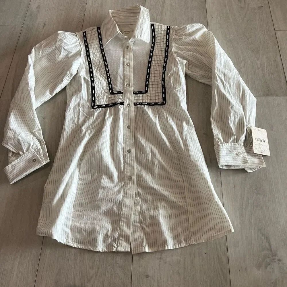 Free People White And Black Striped Button Up Tunic Long Sleeve Top Sz 2